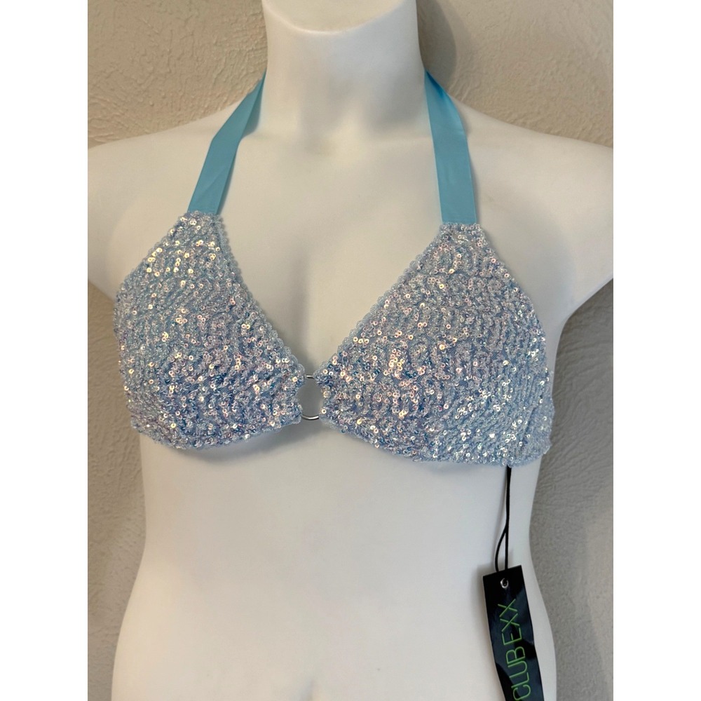 NWT Dolls Kill Club Exx Size M light blue sequined bra top ribbon tie